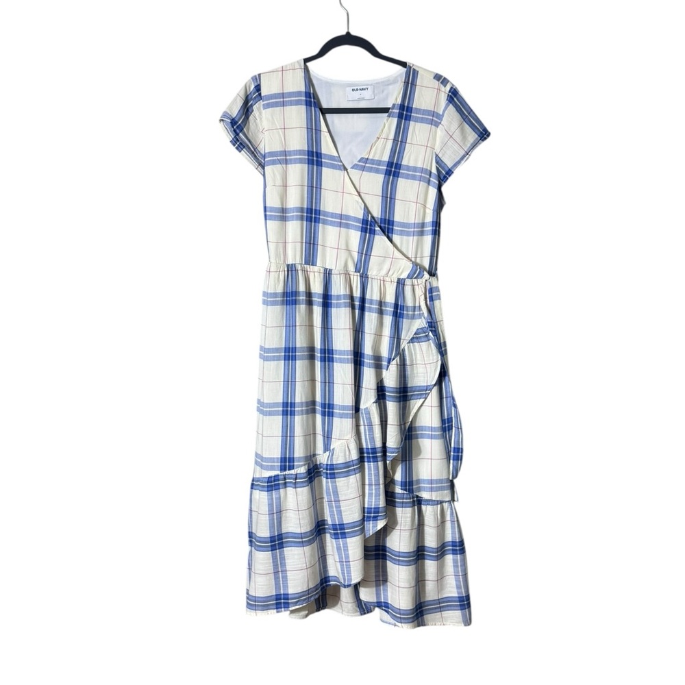 Old Navy Cottagcore Plaid Ruffle Dress Medium Midi Faux‎ Wrap Country Peasant